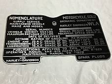 Harley WLA Military Data Plate Tank Nomenclature Tag 1944-45 OEM# 3531-44 Zinc