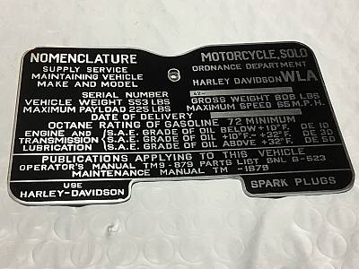 Harley WLA Military Data Plate Tank Nomenclature Tag 194445 OEM# 353144 Zinc