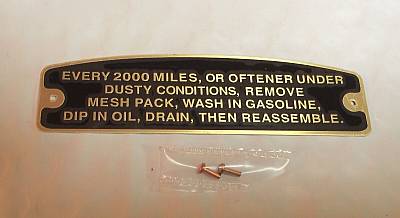 Harley 6” JSlot Air Cleaner Instruction Tag Brass Knucklehead UL WL