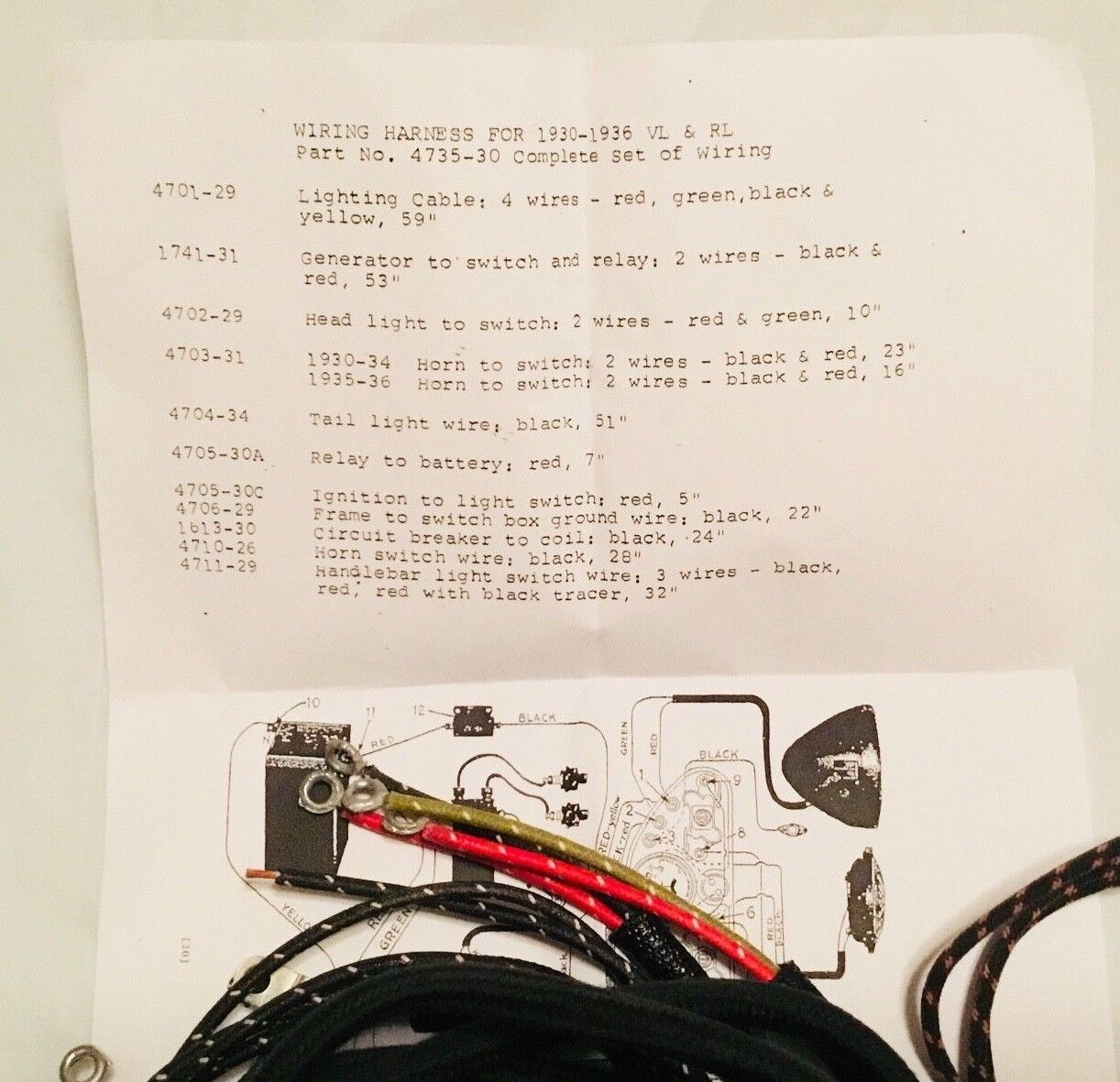 Harley 4735-30 1931-36 VL RL VLH Wiring Harness Kit w/ Correct Soldered
